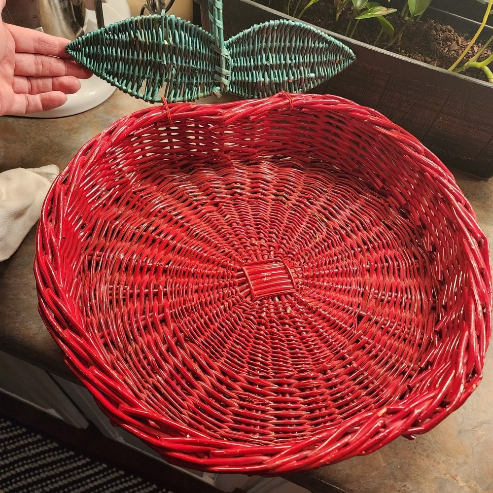 Vintage Red Wicker Apple Shaped Large Basket With Green Stem, Serving